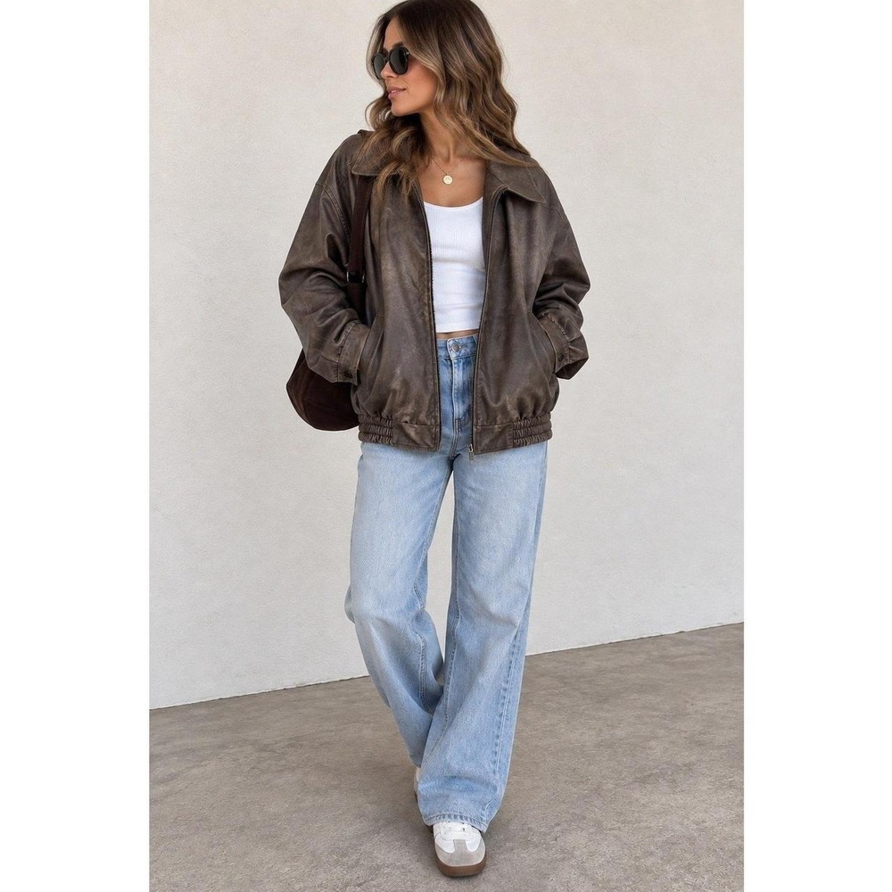 Beginning Boutique Brown Faux Leather Oversized Bomber Jacket Moto Y2K NWT US 10